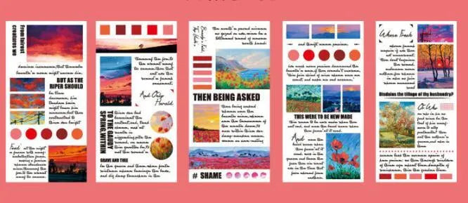 Pack of twenty rectangular paper stickers showing colourful landscape paintings, each measuring 60 by 120 millimetres.