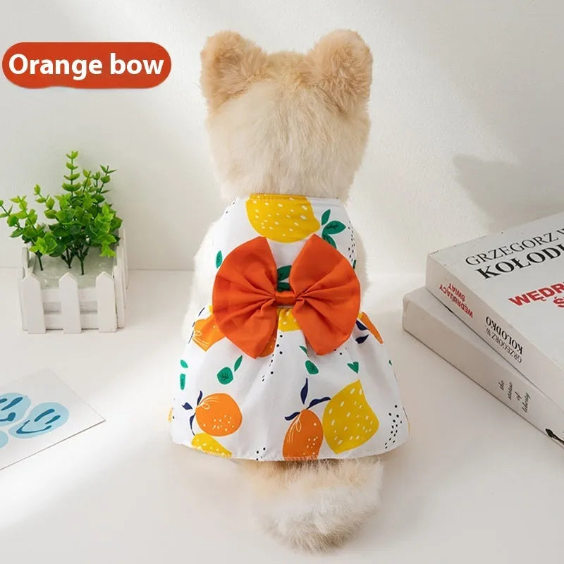 Ultra-thin polyester pet dress with floral butterfly design and adjustable bow knot for dogs and cats