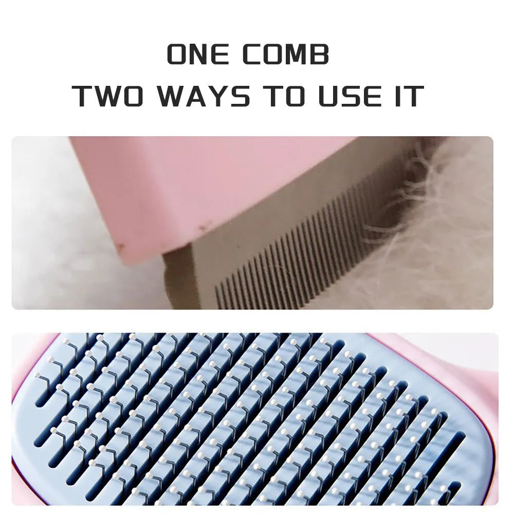 Blue and green double-sided pet grooming brush with deshedding rake and dematting comb for dogs and cats