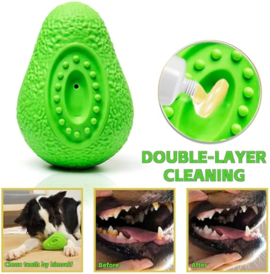 Green avocado-shaped natural rubber dog chew toy with textured surface
