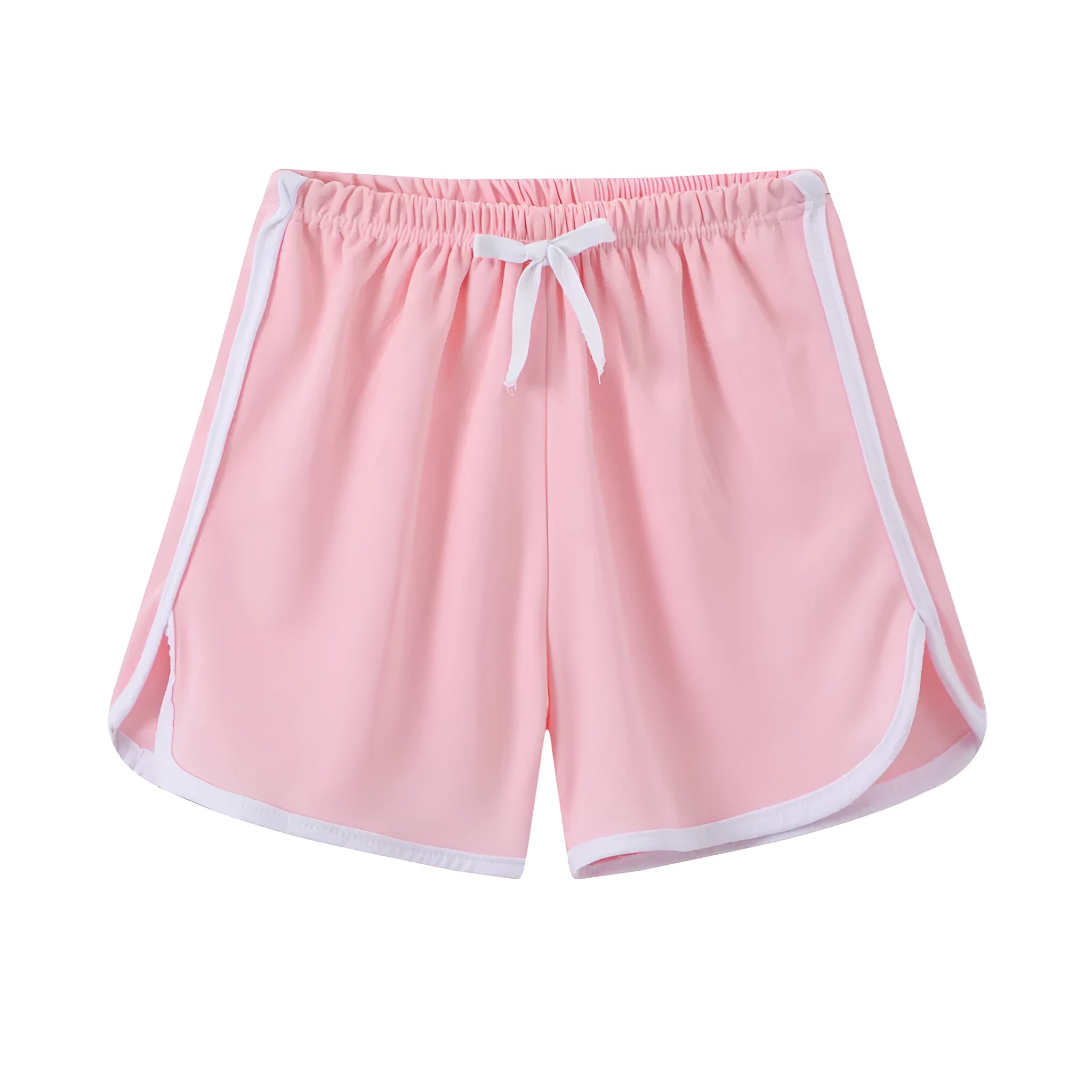 Children's patterned beach shorts in various colours including leopard print, floral, and fruit designs