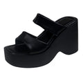 Women's black wedge platform slippers with a square toe on a white background.