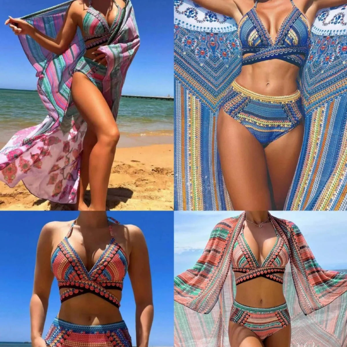 Blue cross bandage bikini swimsuit three-piece set with high waist veils and split design