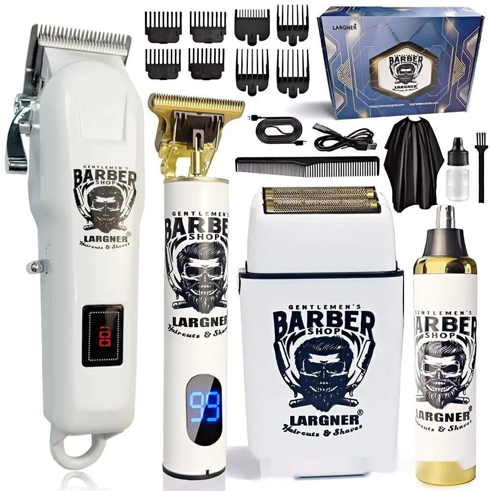 Rechargeable hair clipper with stainless steel cutter heads, USB charging cable, and 4 in 1 guard attachments kit.