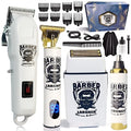 Rechargeable hair clipper with stainless steel cutter heads, USB charging cable, and 4 in 1 guard attachments kit.