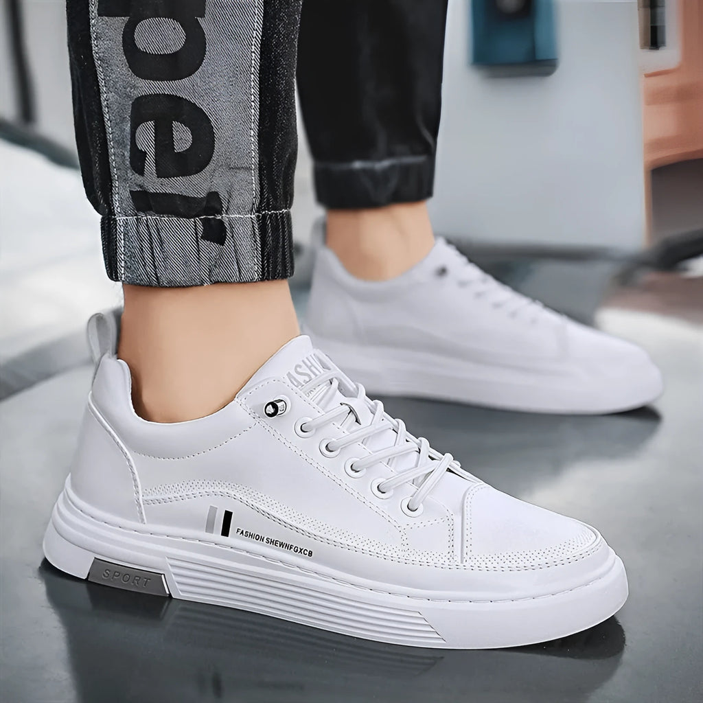Men's white and black microfiber skate shoes with elastic band and rubber sole