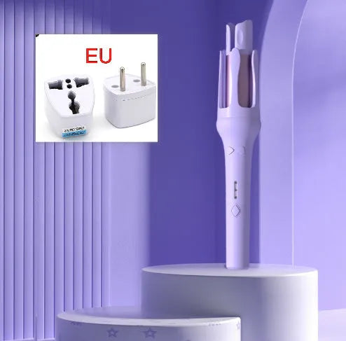 White automatic hair curler with 32mm barrels showing pink and purple colour options