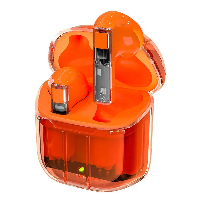 YX06 wireless TWS headphones with transparent cabin body in black, green, orange, or white featuring Bluetooth 5.3 connectivity