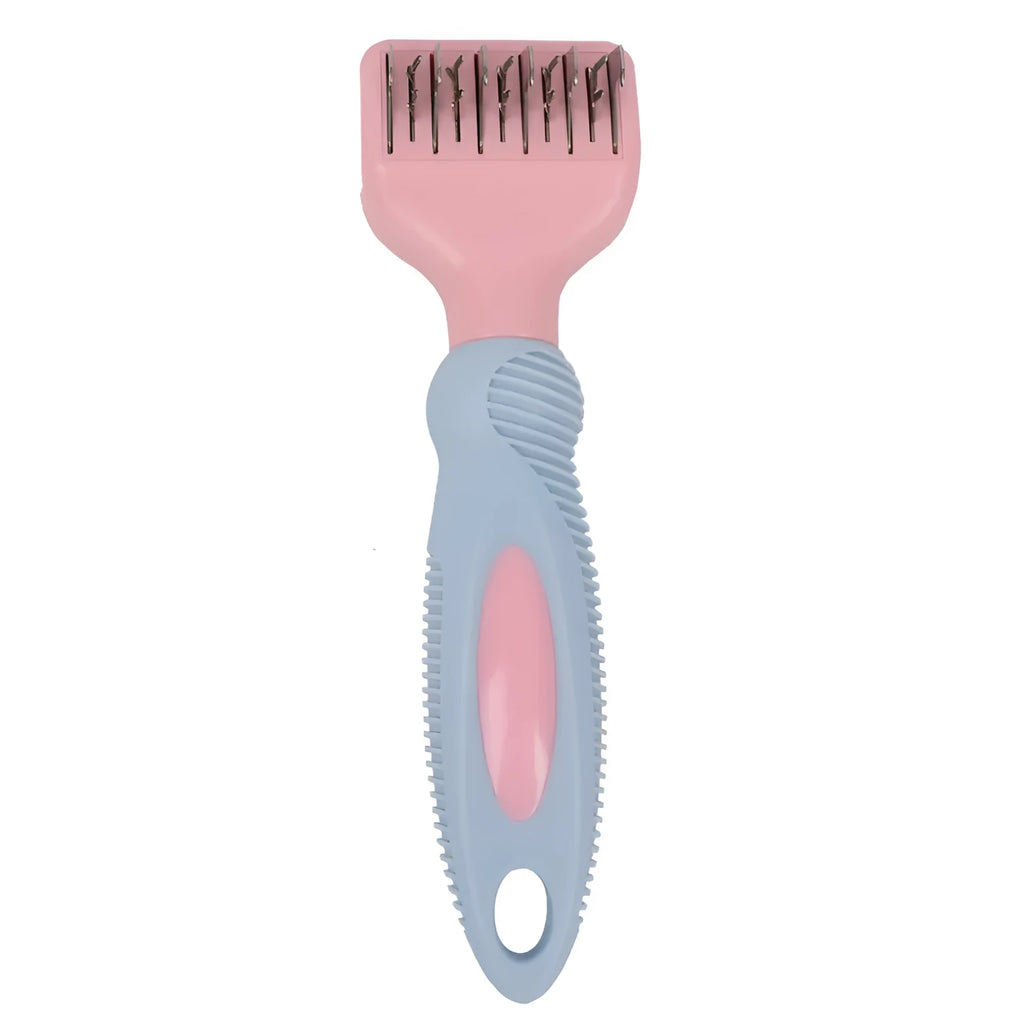 170mm stainless steel pet grooming comb in pink colour with detangling blades