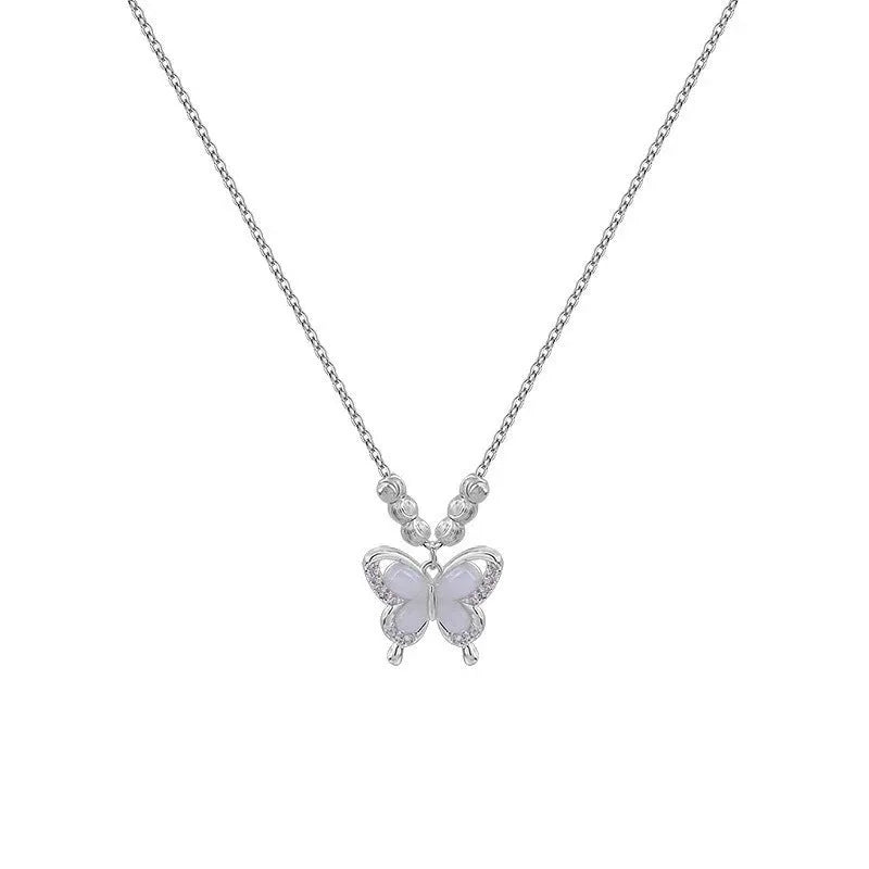 Women's 925 silver butterfly necklace with square opal pendant on cross chain showing 41-50cm length