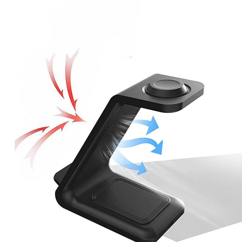 White 3-in-1 wireless charging stand with mobile phone holder upright position