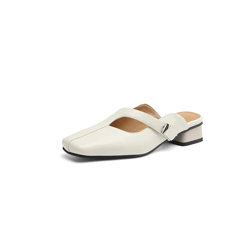 Low-heel square-toe outdoor leisure slippers in artificial PU, available in black, beige, and silver colours.