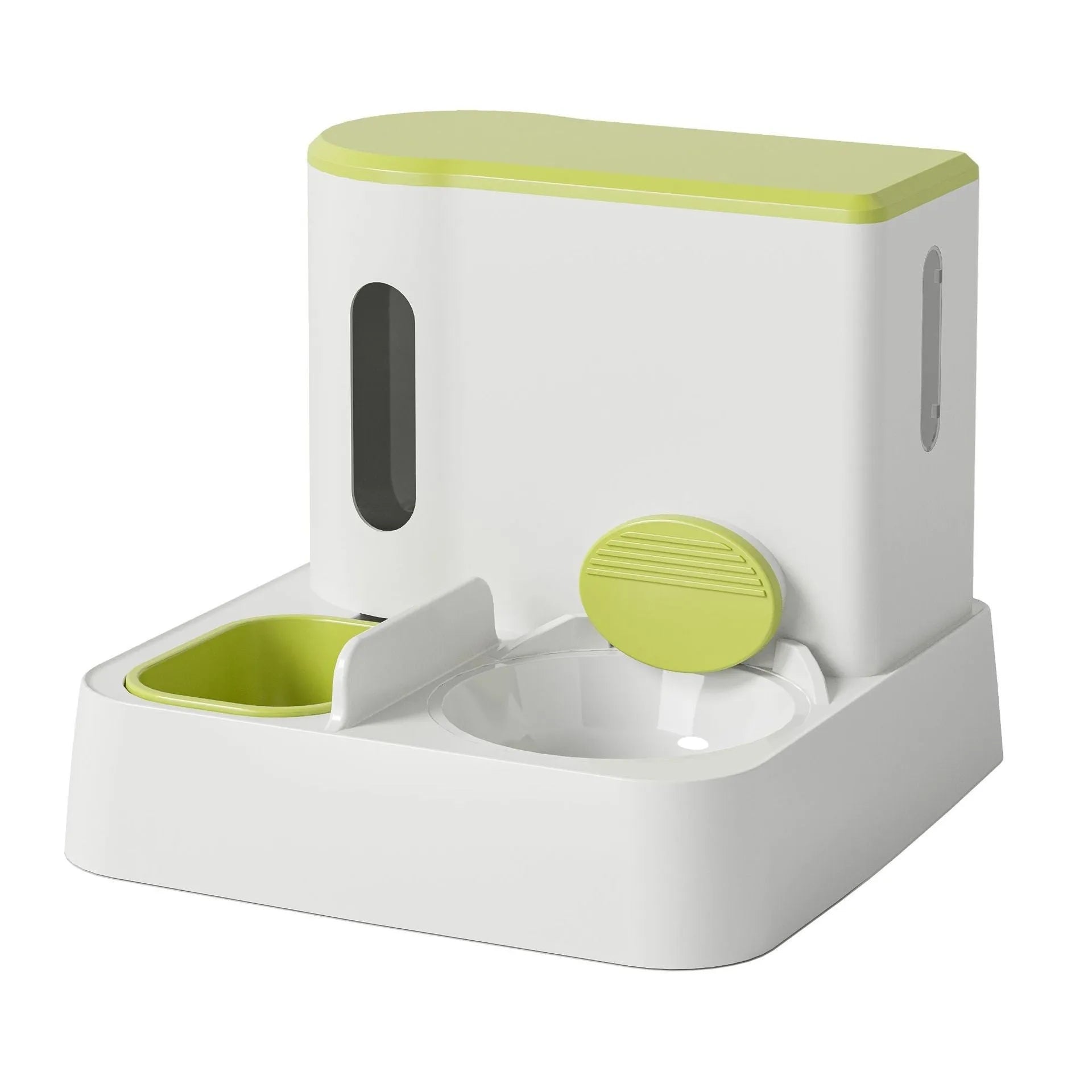 Grey automatic cat feeder and water dispenser station with integrated double bowls on a wooden floor.