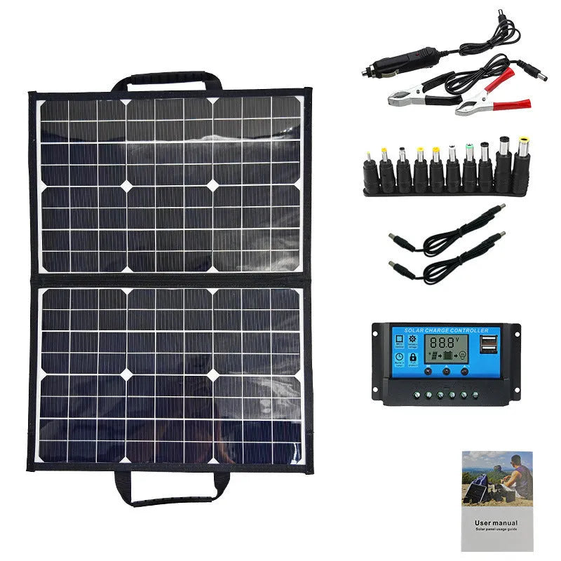 Black 40W solar folding bag showing folded configuration and single crystal solar cells