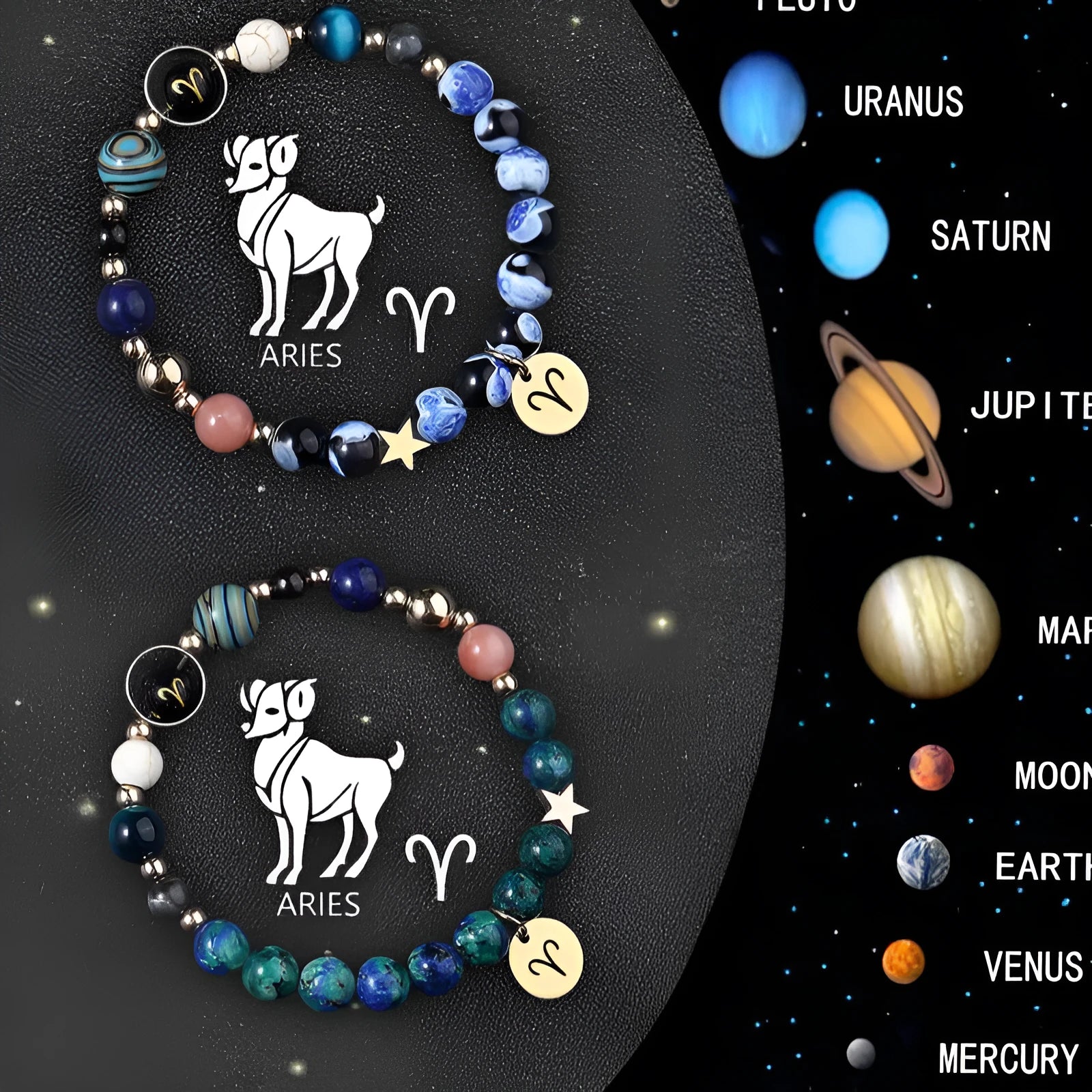 Zodiac sign bracelet with natural stone beads on elastic cord, adjustable astrology jewellery