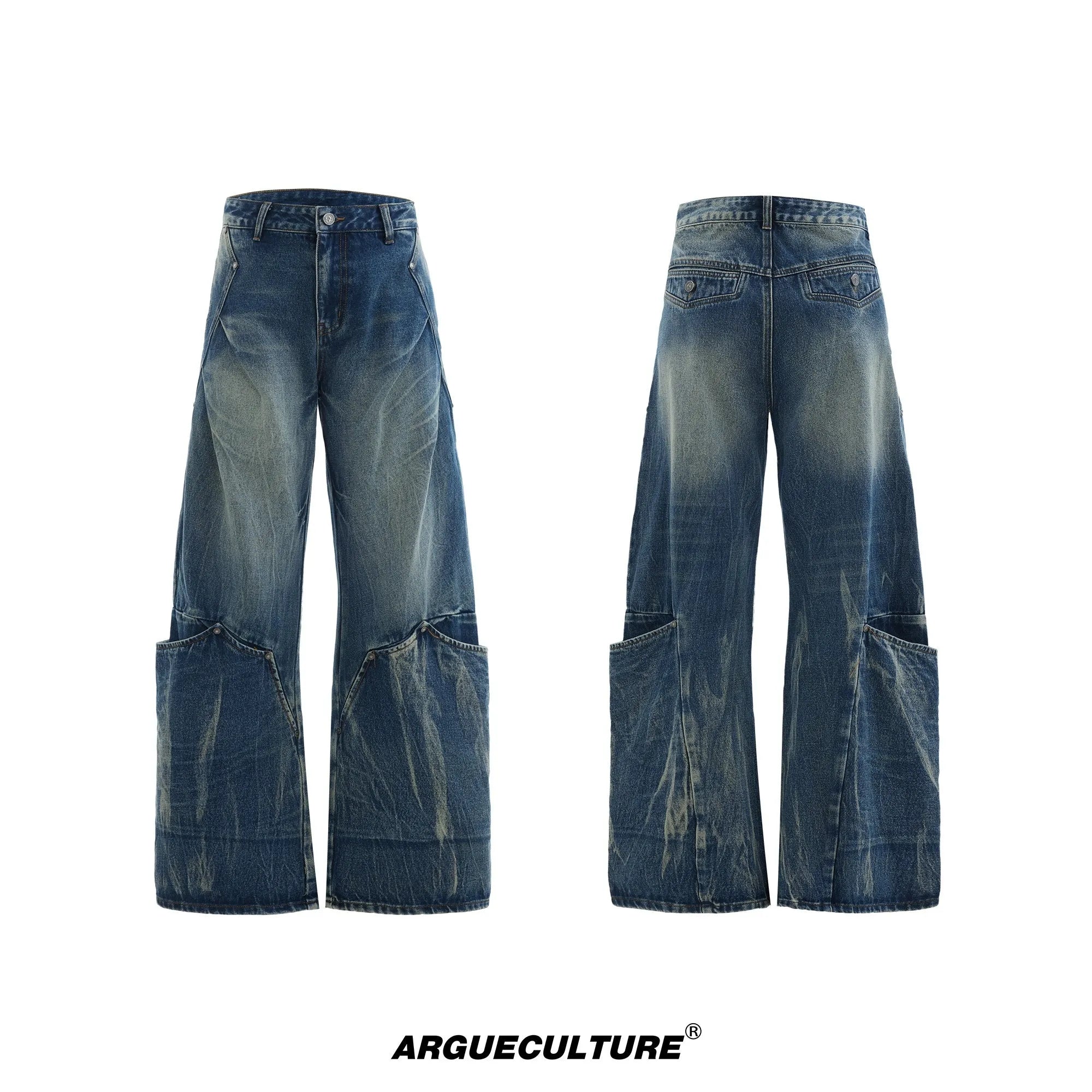 Men's verdant blue retro jeans with washed burst pattern and curved knife loose fit