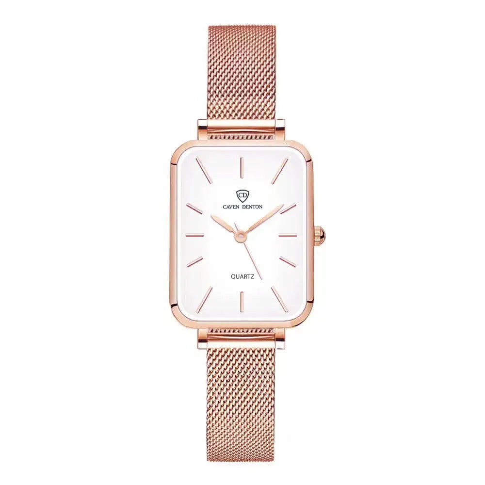 Women's rose gold waterproof quartz watch with woven steel strap and 34mm alloy case