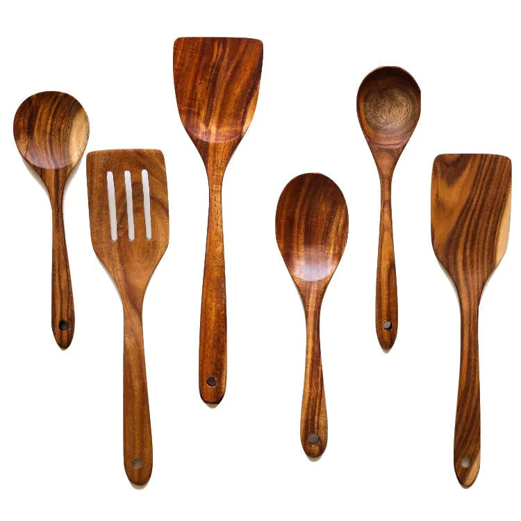 Seven wooden cooking utensils with spoon shovel designs for non-stick pans