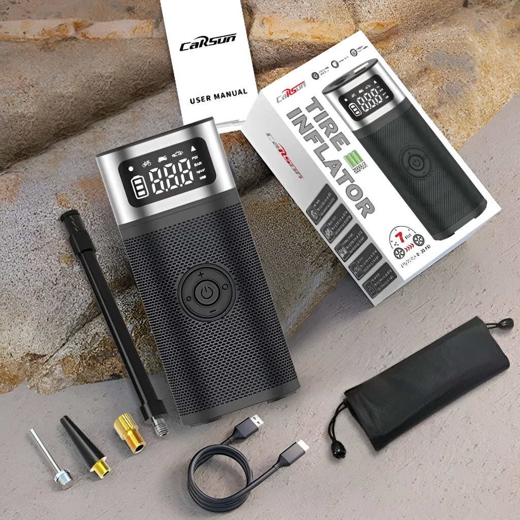 Black portable wireless smart air pump with LED light, 15cm tube, and multiple nozzle attachments