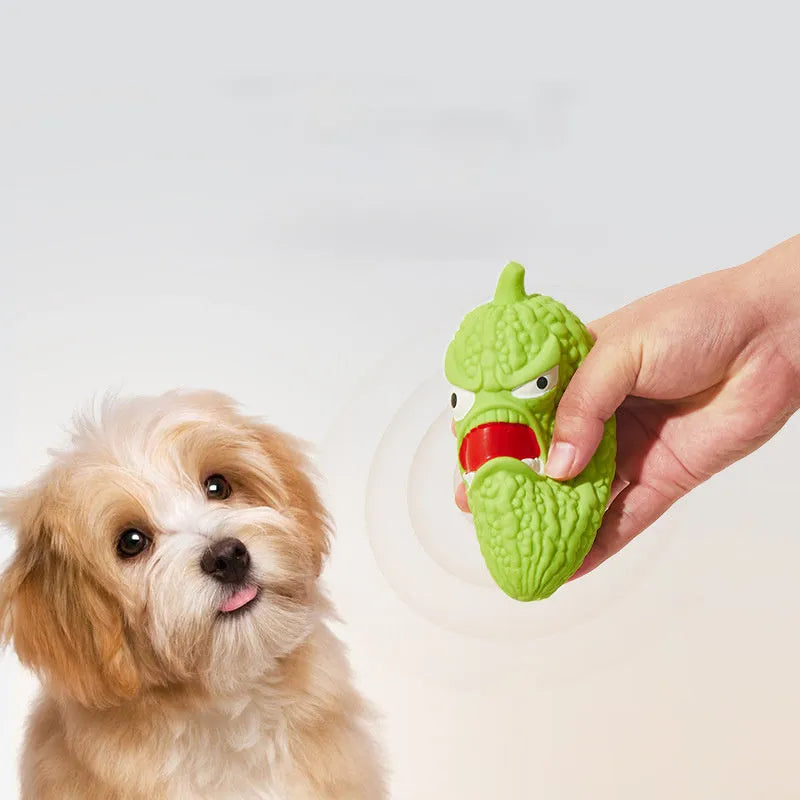 Bitter melon and chili shaped dog toy with textured teeth-cleaning surfaces and pet sound feature