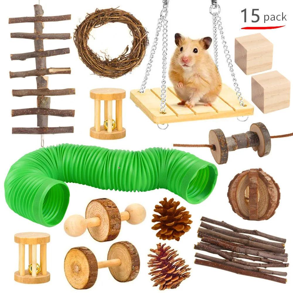 Assortment of wooden and natural fibre chewing toys for pet rabbits, guinea pigs, and parrots on a straw mat