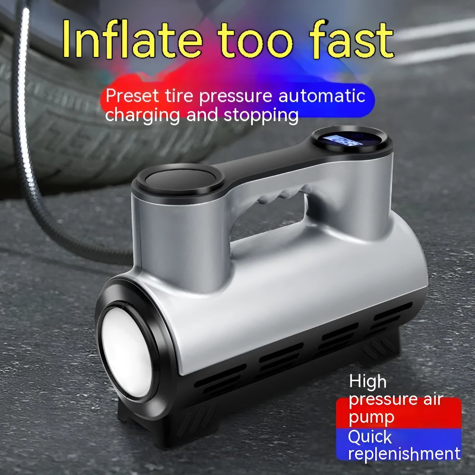 12V portable car tyre inflator with digital display, LED light, and nozzles on a black ABS housing.