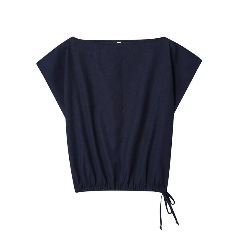 Women's linen-look polyester blend co-ord set with flounced sleeve shirt and wide leg trousers.