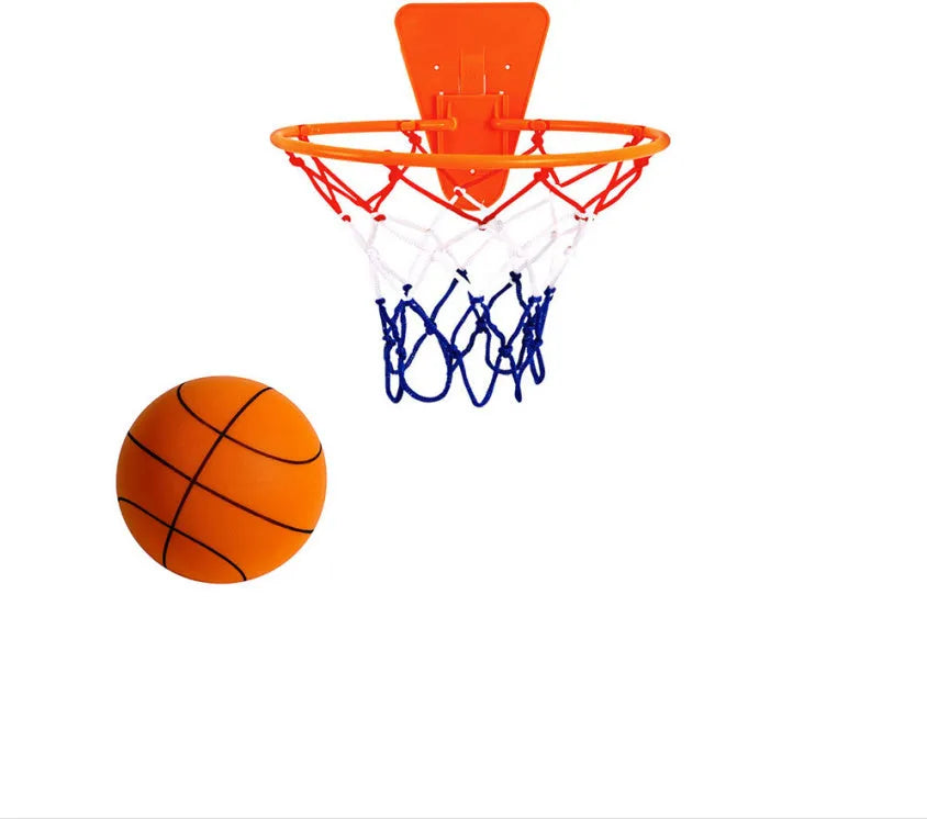 Silent foam basketball training ball in assorted bright colours with basketball hoop
