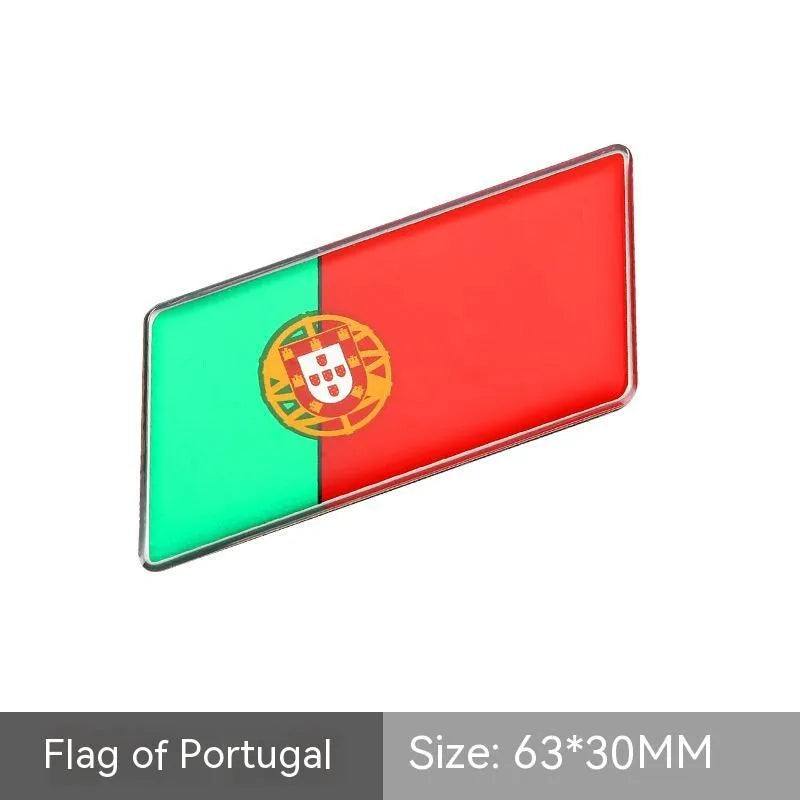 Aluminium parallelogram car sticker with national flag design measuring 6.3 by 3 cm