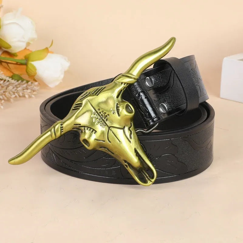 Men's brown belt with detailed cow head alloy buckle and imitation leather strap showing pin buckle closure