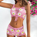 Women's floral pattern swimsuit bikini in light green or pink, made from hollow yarn acrylic fabric