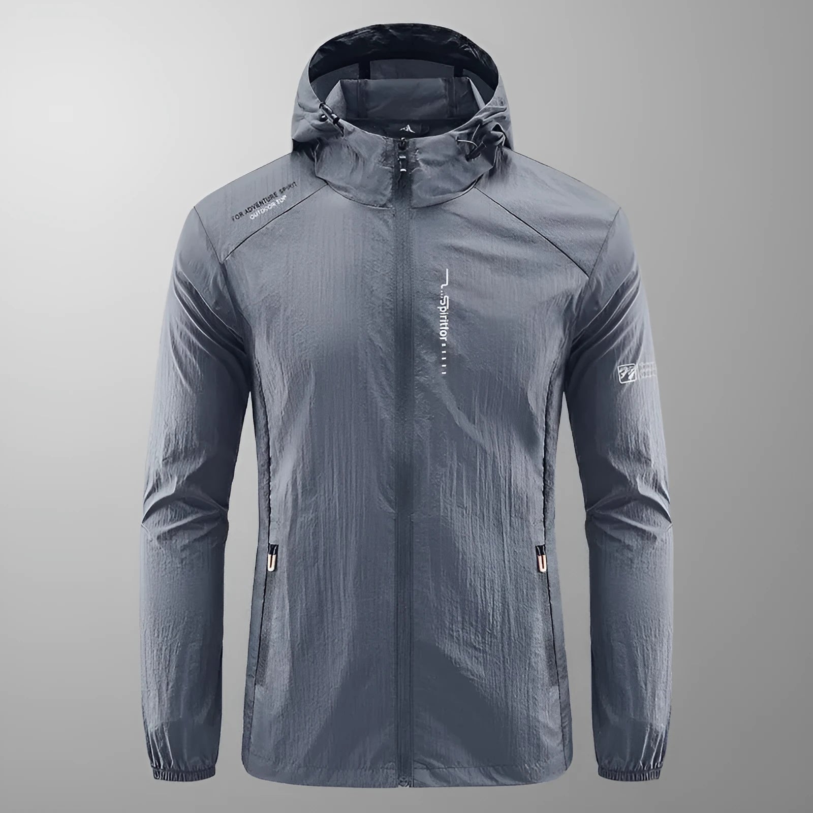 A man's lightweight hooded summer jacket in a loose fit, shown in a neutral colour like grey or blue.