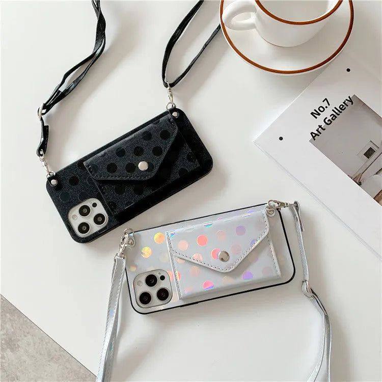 Black silicone iPhone case with diagonal card slot and wave point pattern design