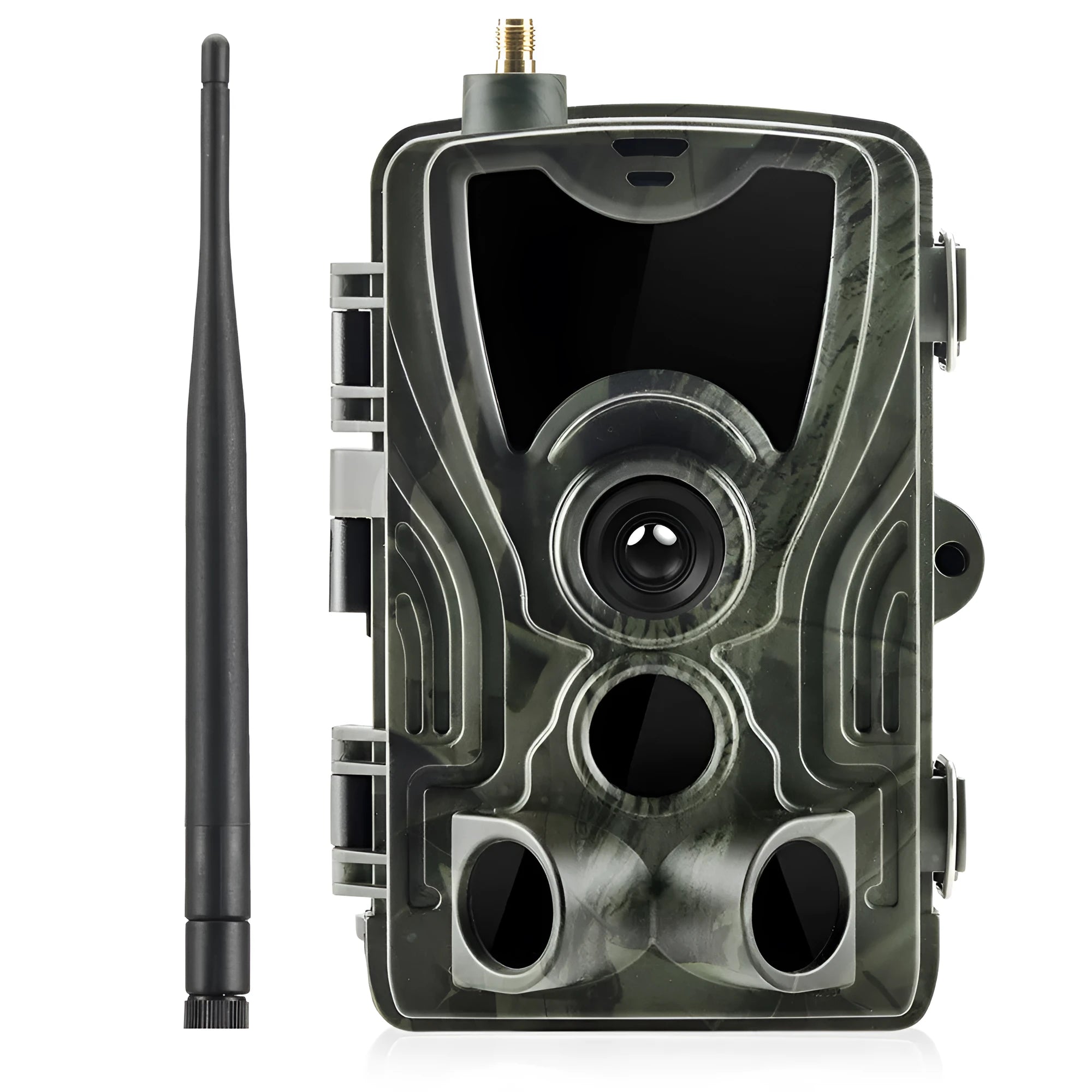 Outdoor waterproof surveillance camera with camouflage finish and wide-angle lens.
