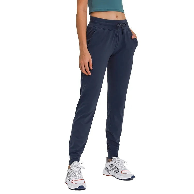 Women's high waist yoga pants with drawstring waistband in Belgian Blue colour