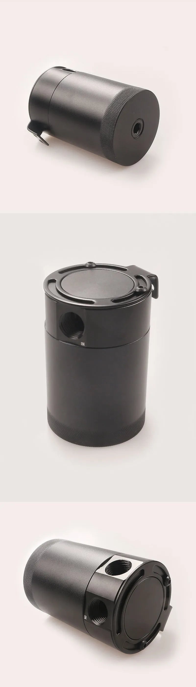 Black aluminium automotive oil pot with two-hole breathable design and connector fittings