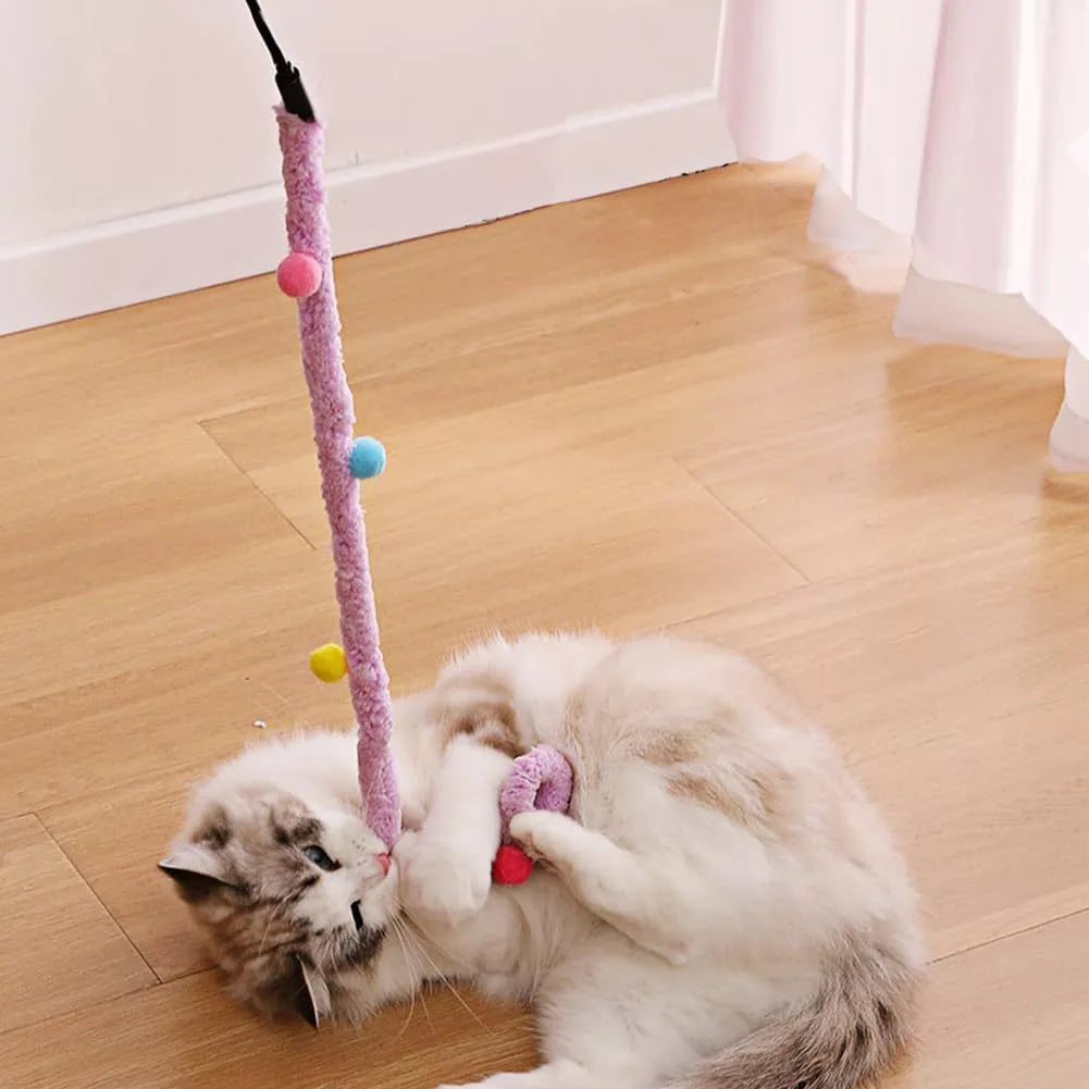 Blue cat wand toy with plush strip and bell, showing 41cm pole and 60cm strip dimensions