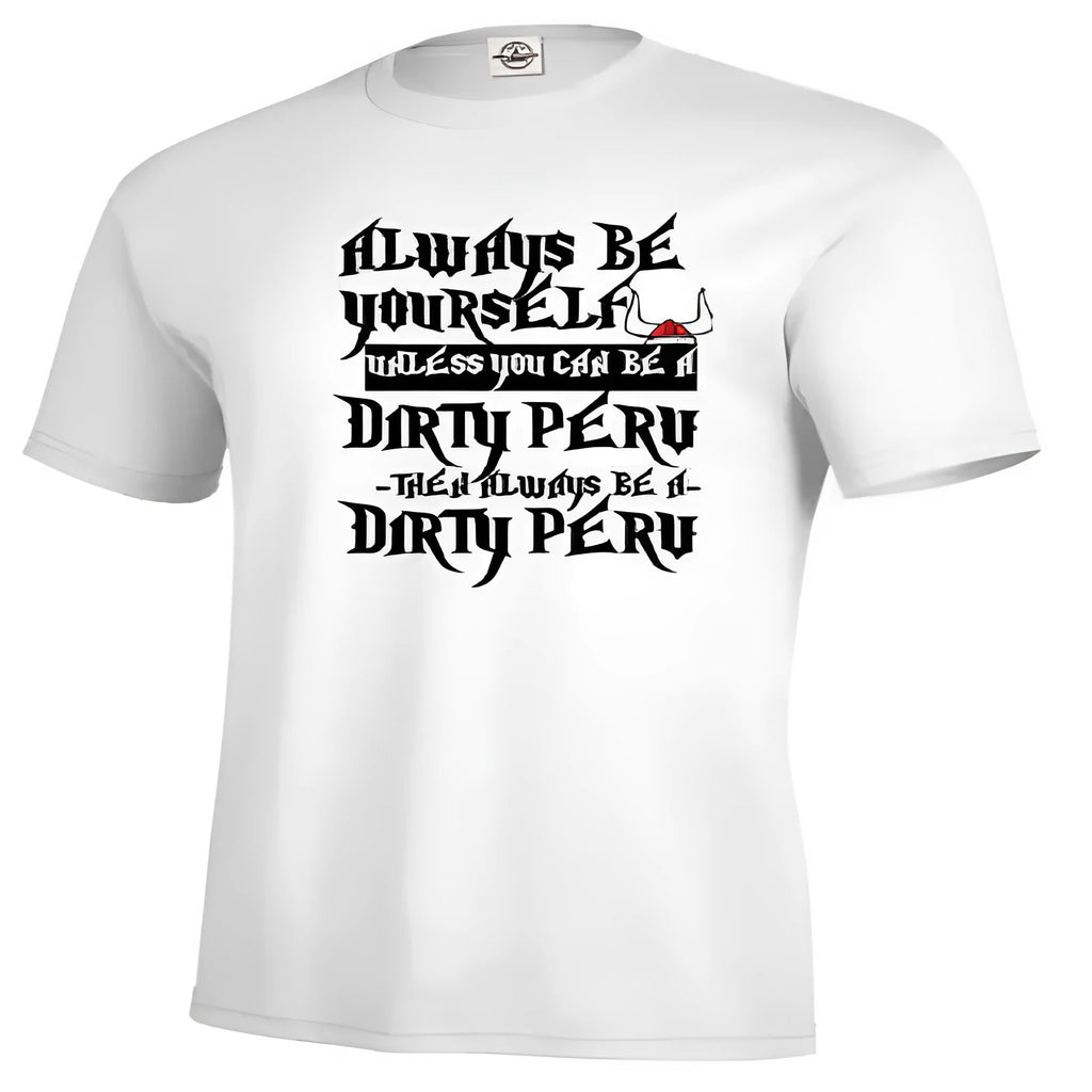 Men's white printed short sleeve t-shirt showing straight cut design and polyester fabric construction
