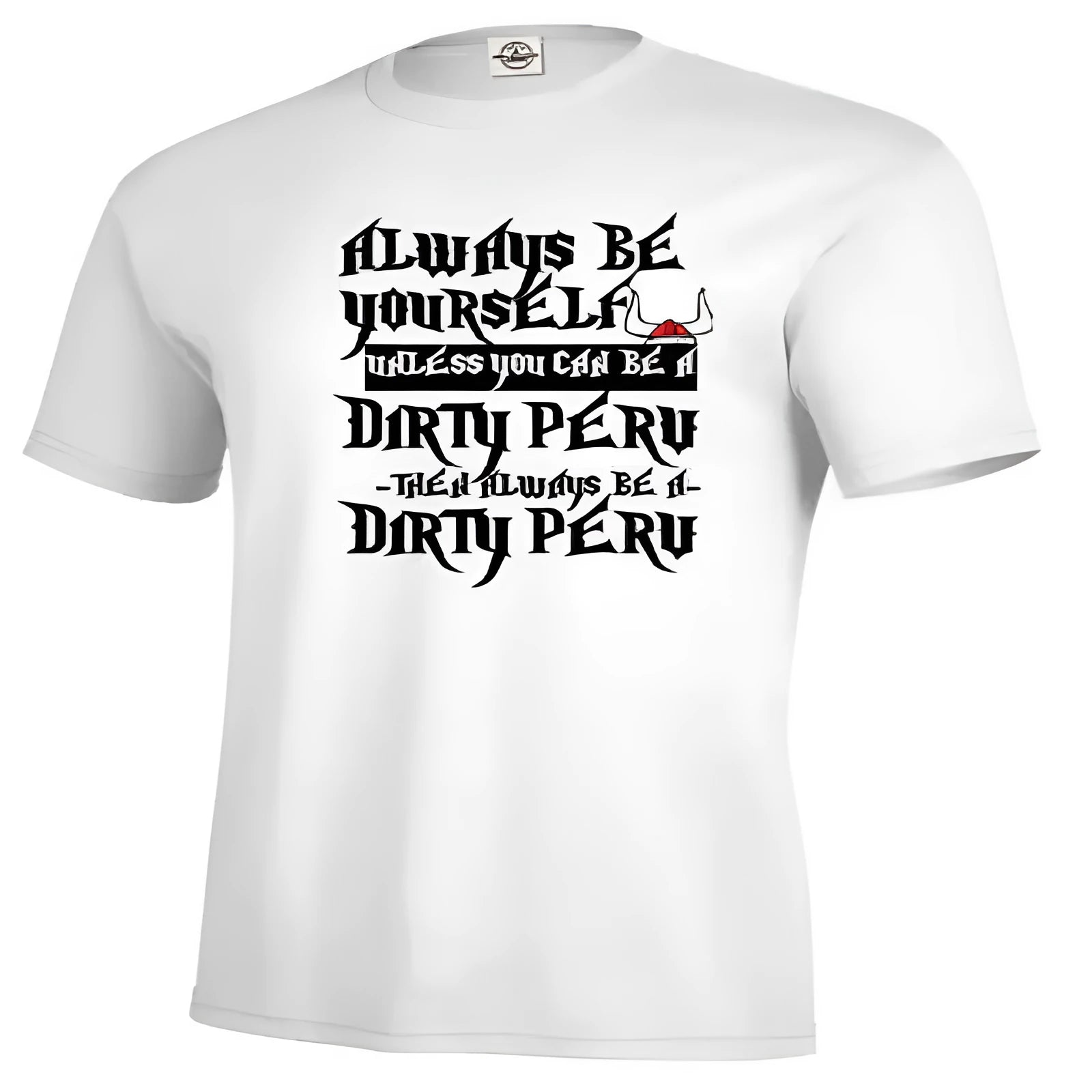 Men's white printed short sleeve t-shirt showing straight cut design and polyester fabric construction