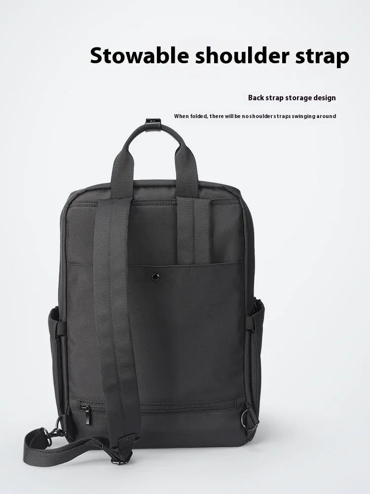 Front view of lightweight black Oxford cloth computer backpack with 20-35L capacity