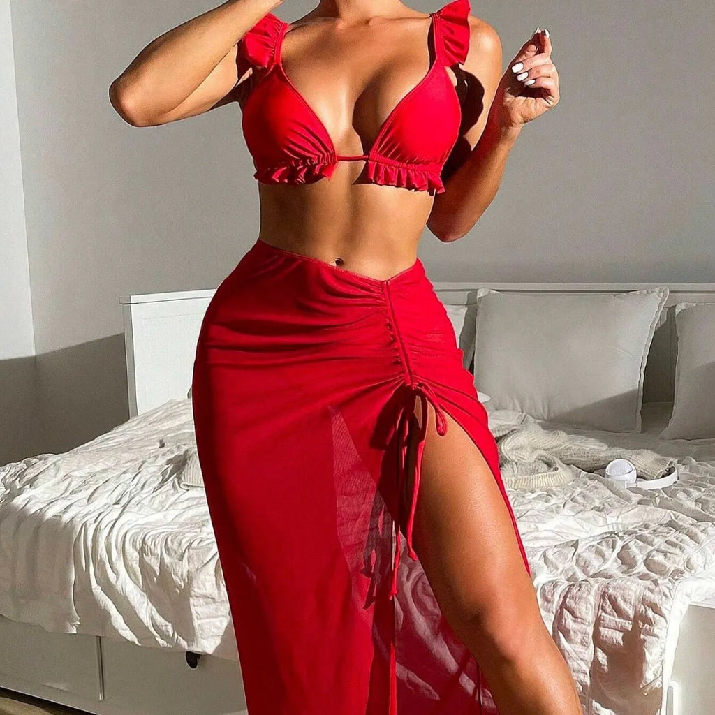Printed three-piece women's swimsuit set with skirt in polyester fabric