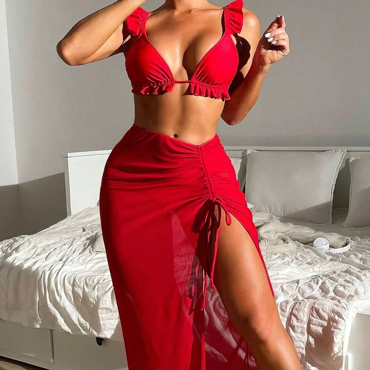 Printed three-piece women's swimsuit set with skirt in polyester fabric