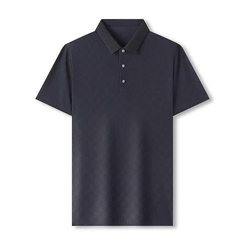 Man wearing a black rhombus weave thin ice silk short sleeve T-shirt with a slit detail.