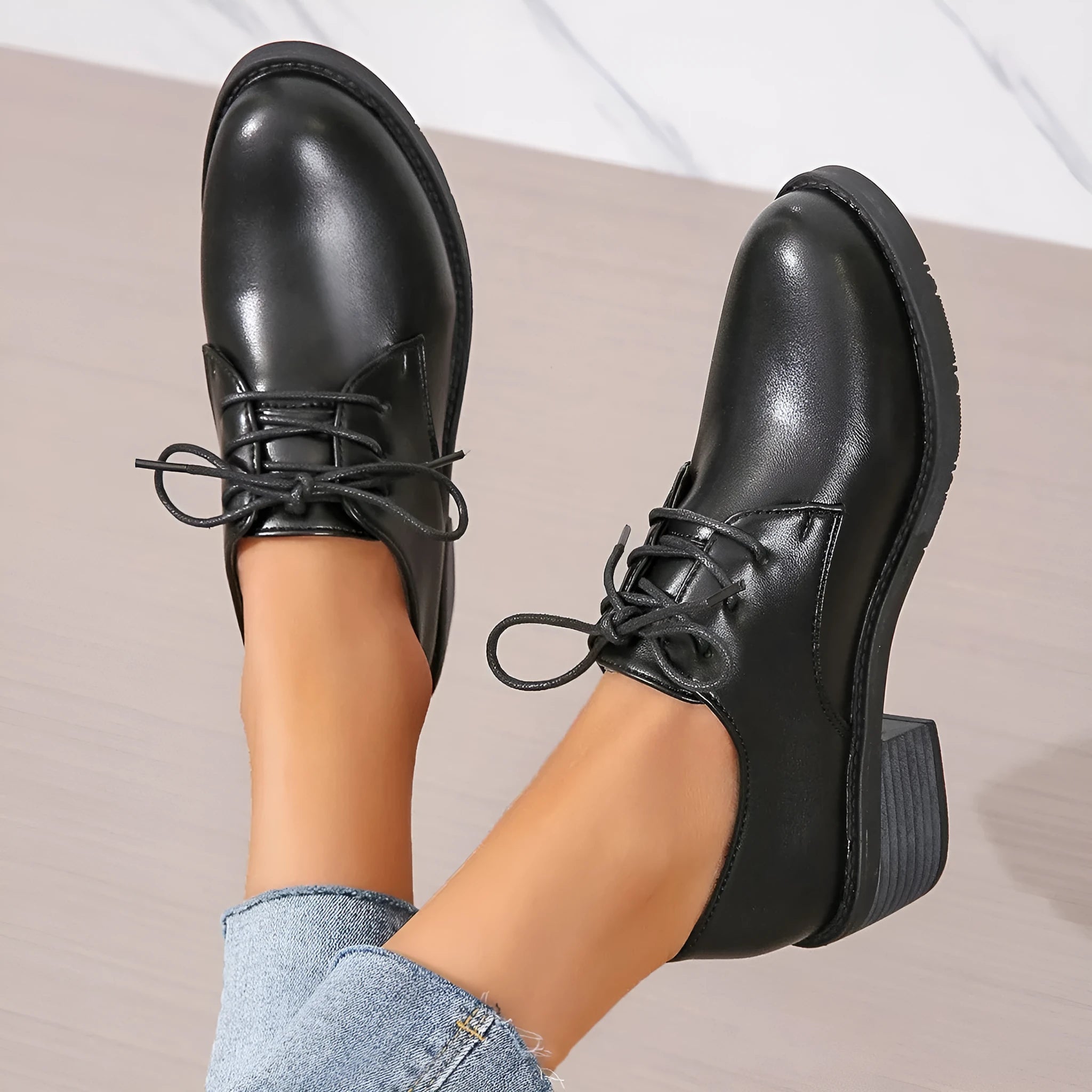 Black women's work shoes with thick chunky heel and low-top design