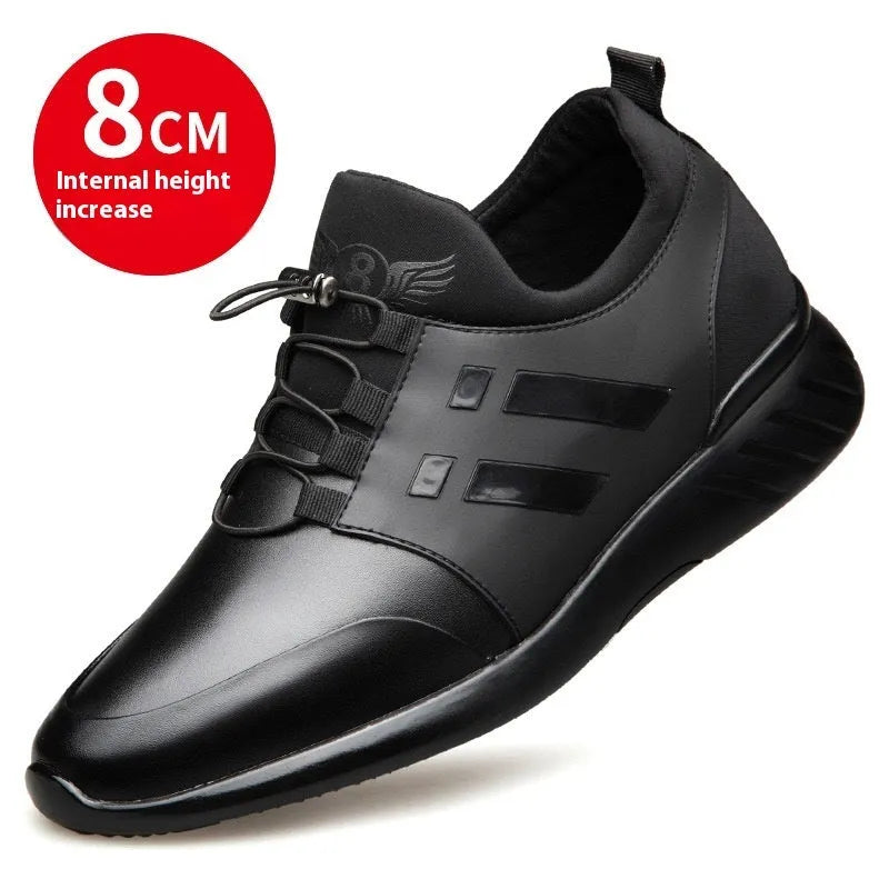 Men's black height increasing casual sneakers with chunky sole, shown in leather and mesh upper options.