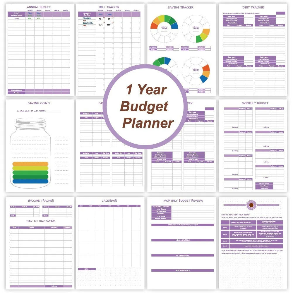 Purple coil-bound budget notebook open showing monthly planning pages with financial stickers and paper clips