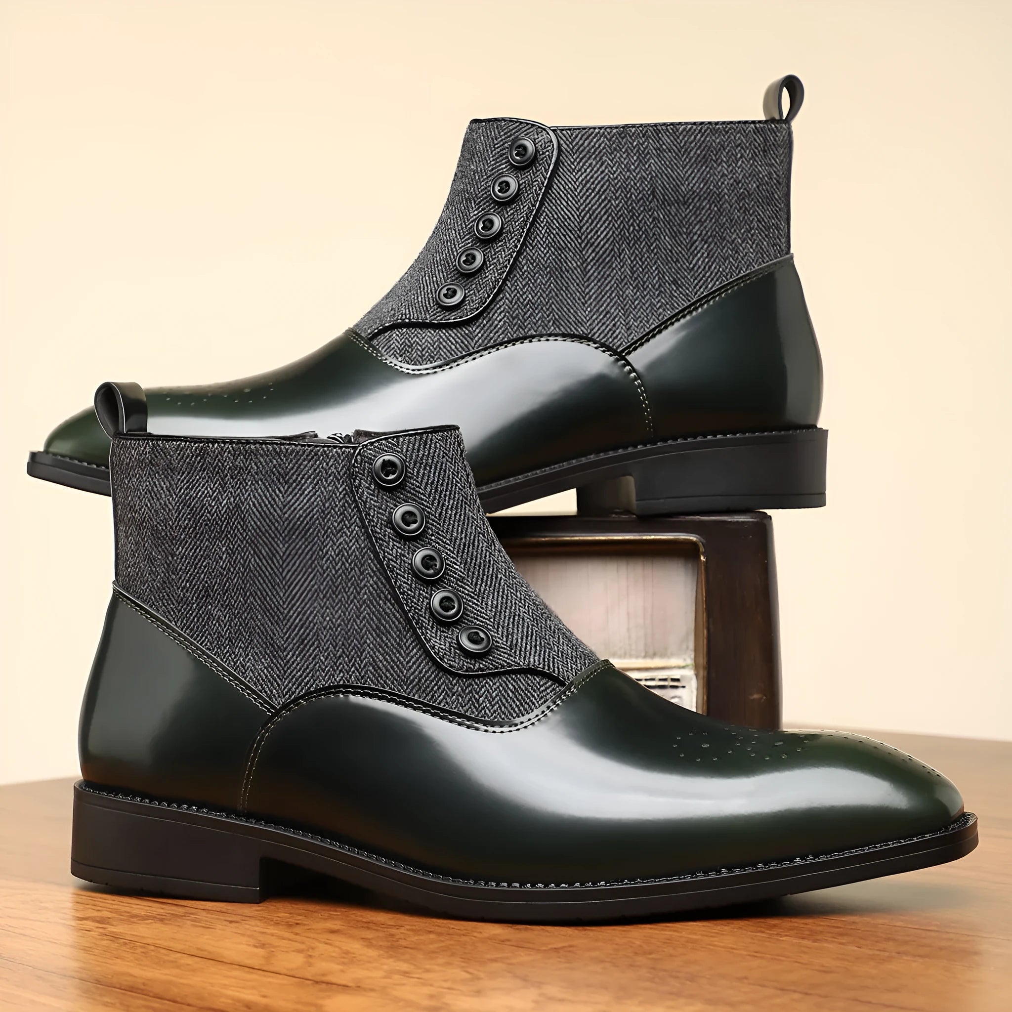 Men's brown and green retro business formal shoes with side zipper and square toe.