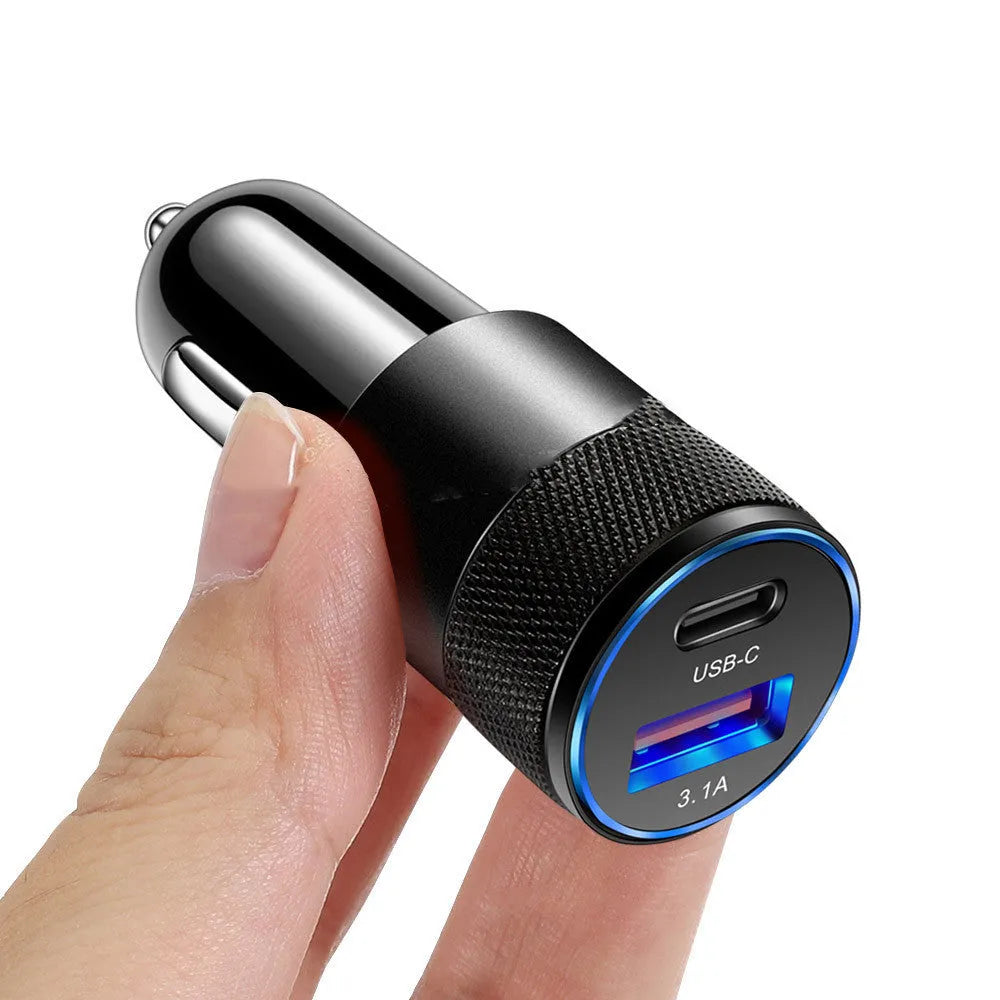 Aluminium alloy mobile phone car charger showing black finish with 12V input