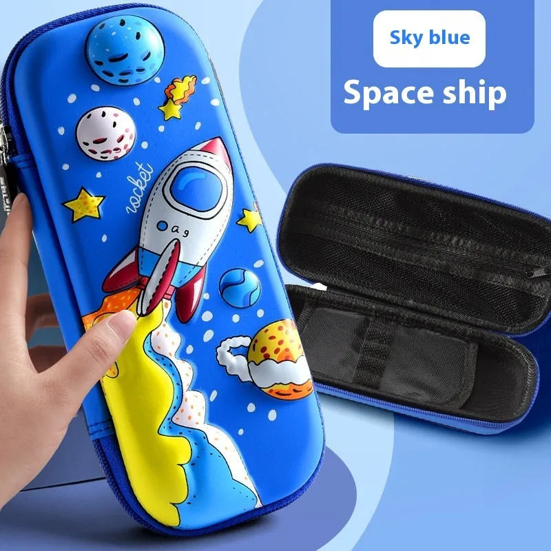3D leather pencil case in a box shape showing one of the available design options such as a spaceship or unicorn