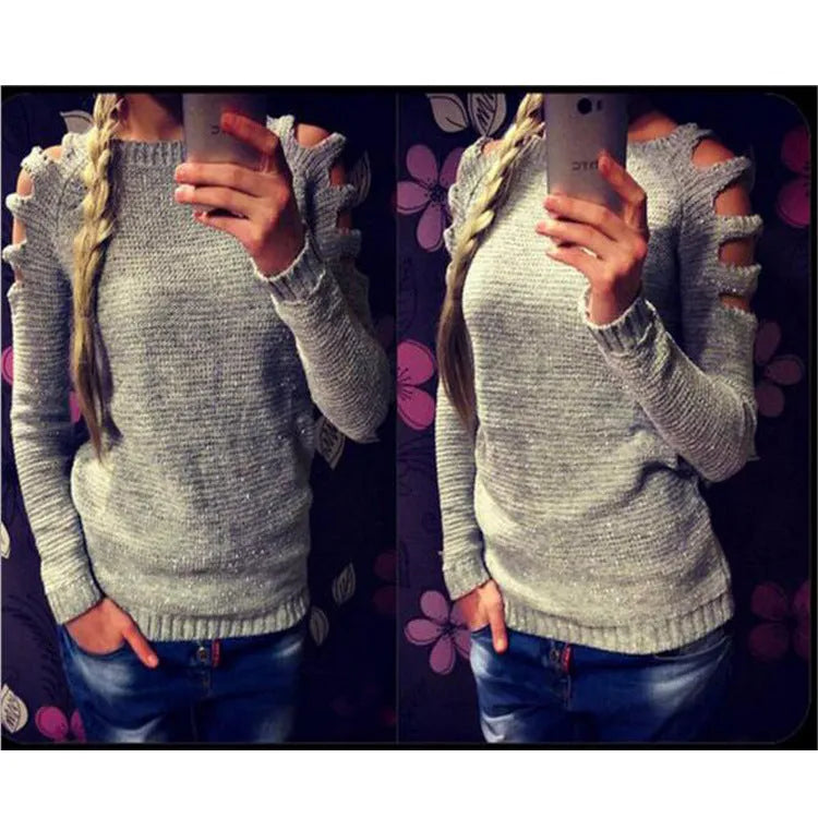 Women's white knitted shirt with crocheted hollow-out pattern and round neck